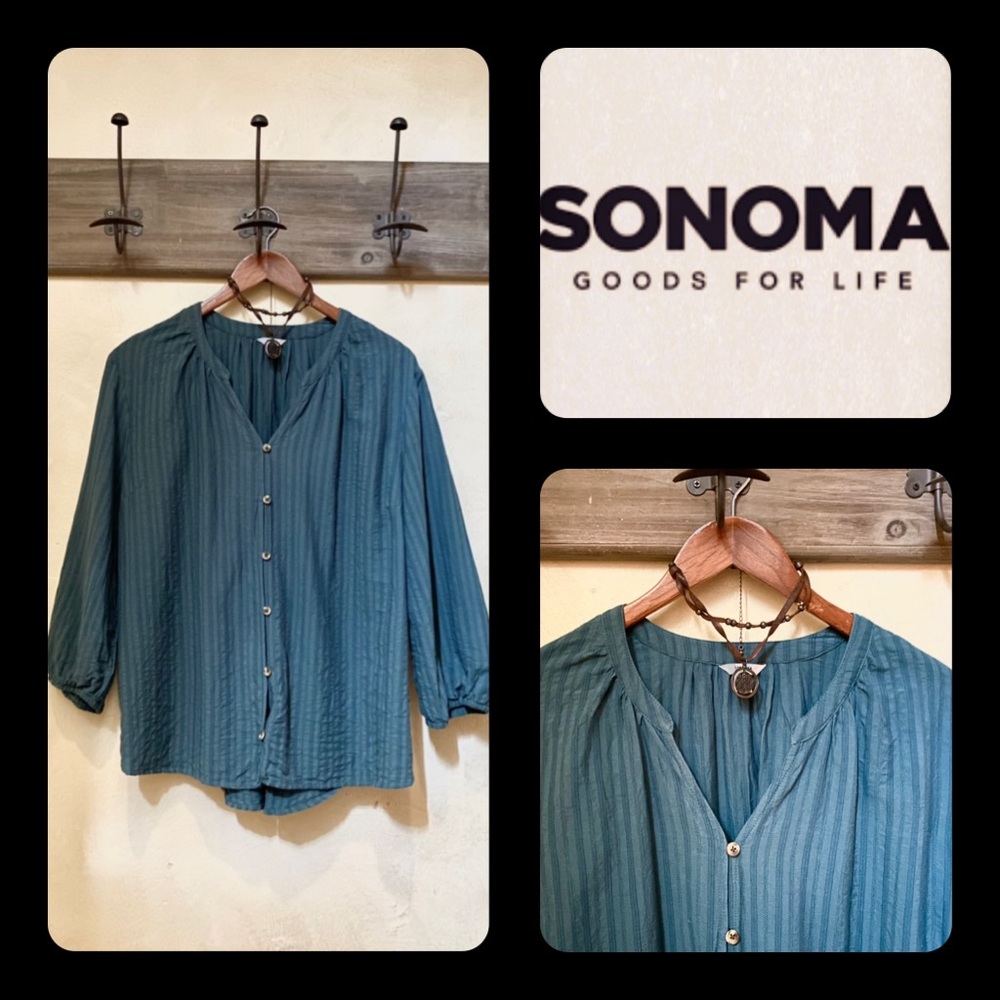 🪶3/$35 SONOMA Embroidered Teal Green Button-Down Poof Sleeve Blouse-XL